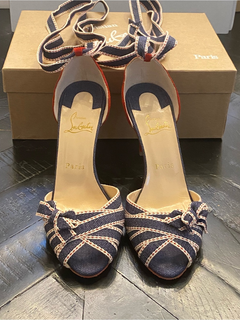 Christian Louboutin Navy and Red Ankle-Tie Peep-Toe Heels with Knotted Detail